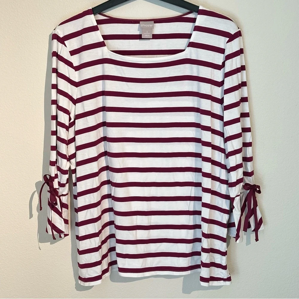 Chico's Burgundy and White 3/4 Sleeve Tie Blouse - Picture 1 of 4